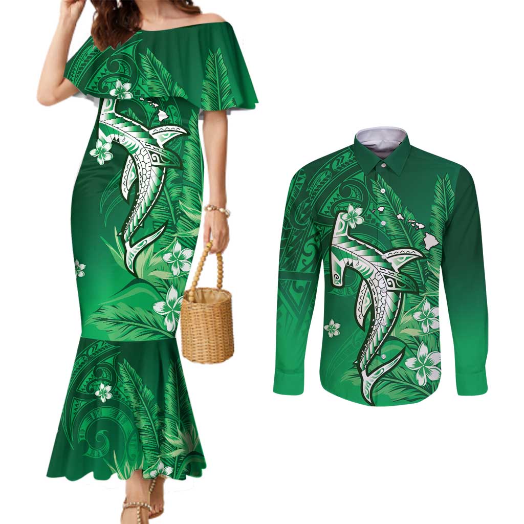 Personalized Hawaiian Maori Hammerhead Shark Couples Matching Mermaid Dress and Long Sleeve Button Shirt Omaomao Plumeria - Polynesian Pride