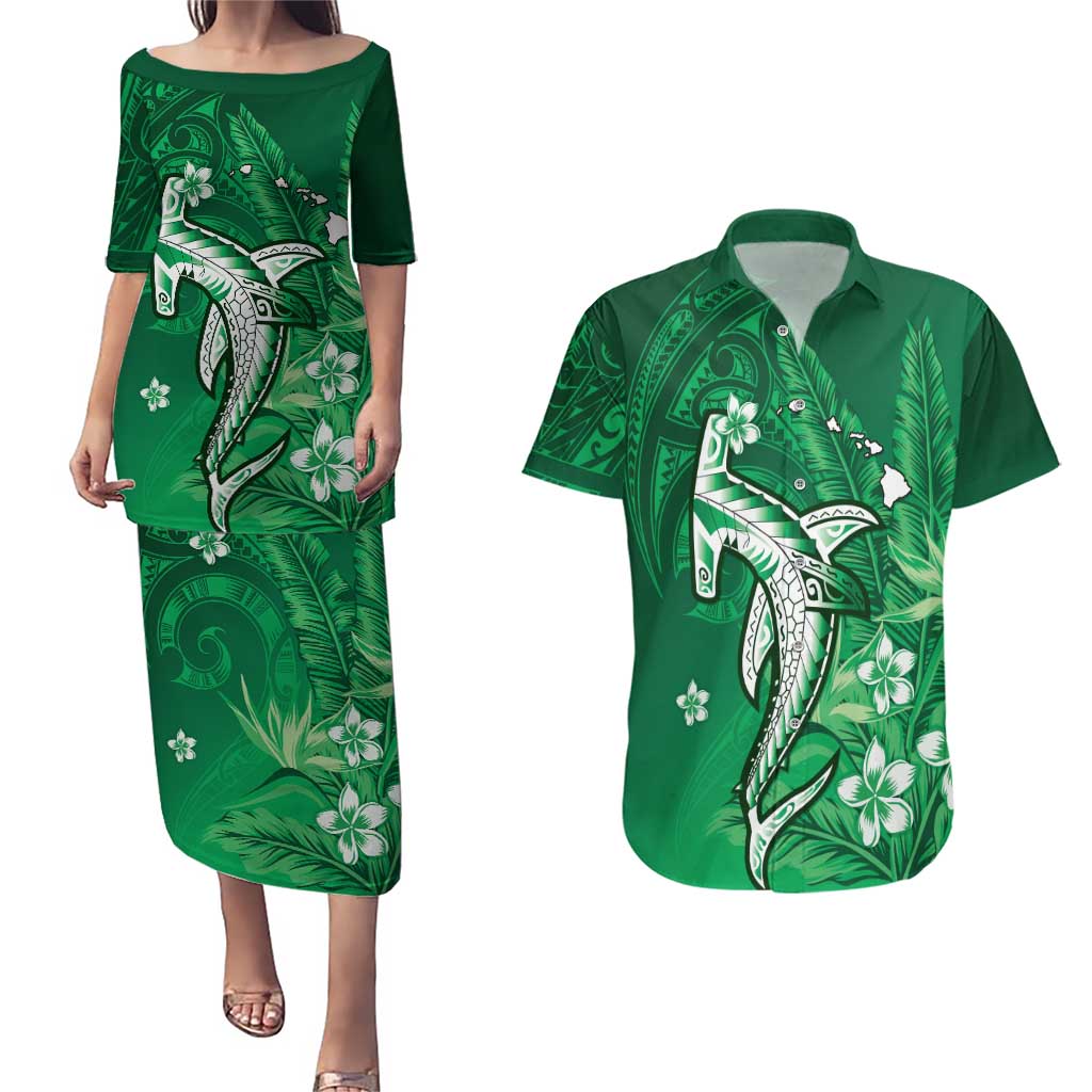 Personalized Hawaiian Maori Hammerhead Shark Couples Matching Puletasi and Hawaiian Shirt Omaomao Plumeria LT9 Green - Polynesian Pride