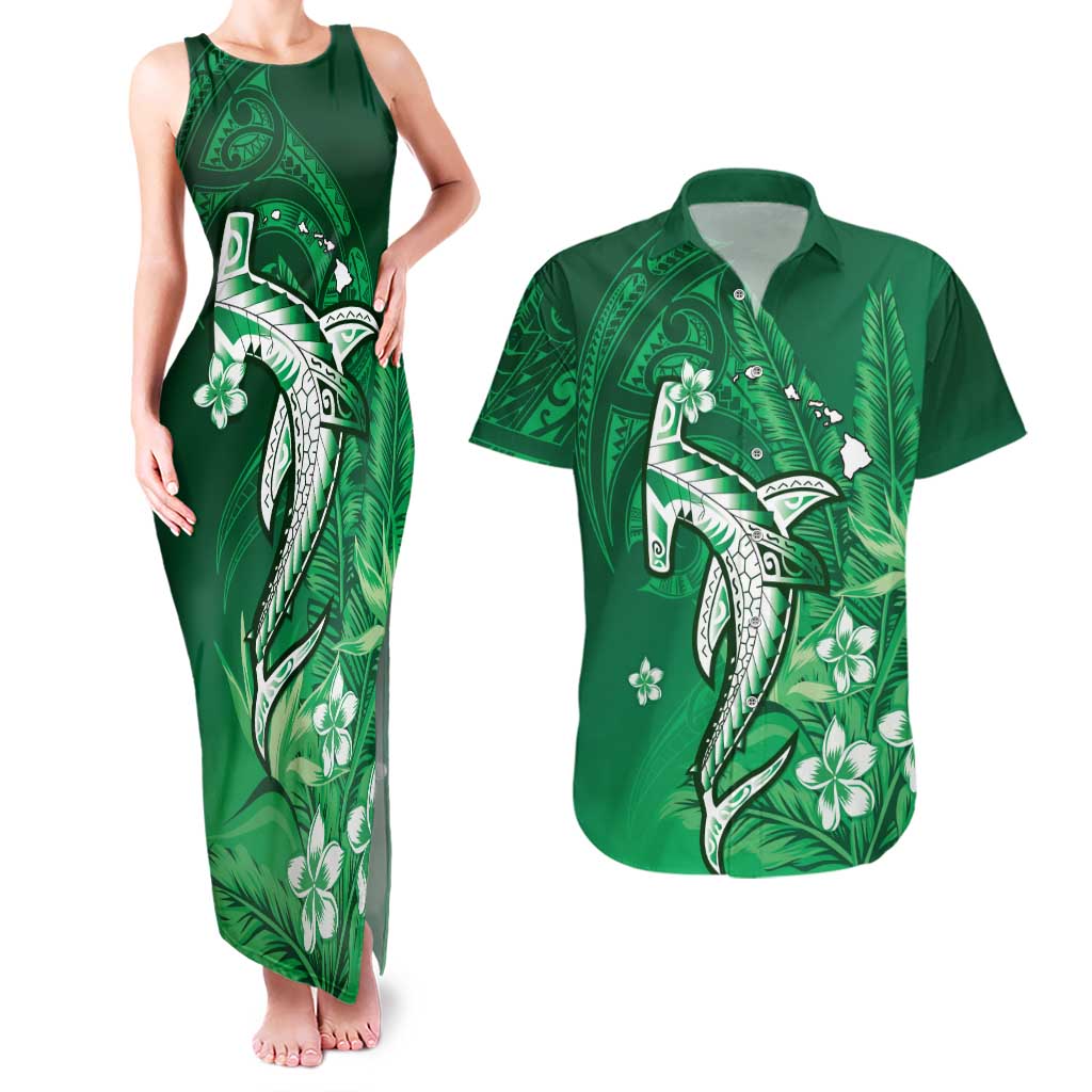 Personalized Hawaiian Maori Hammerhead Shark Couples Matching Tank Maxi Dress and Hawaiian Shirt Omaomao Plumeria - Polynesian Pride