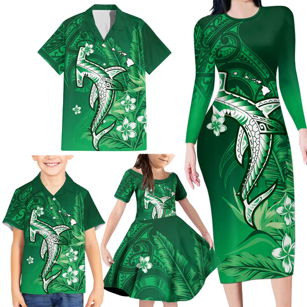 Personalized Hawaiian Maori Hammerhead Shark Family Matching Long Sleeve Bodycon Dress and Hawaiian Shirt Omaomao Plumeria - Polynesian Pride