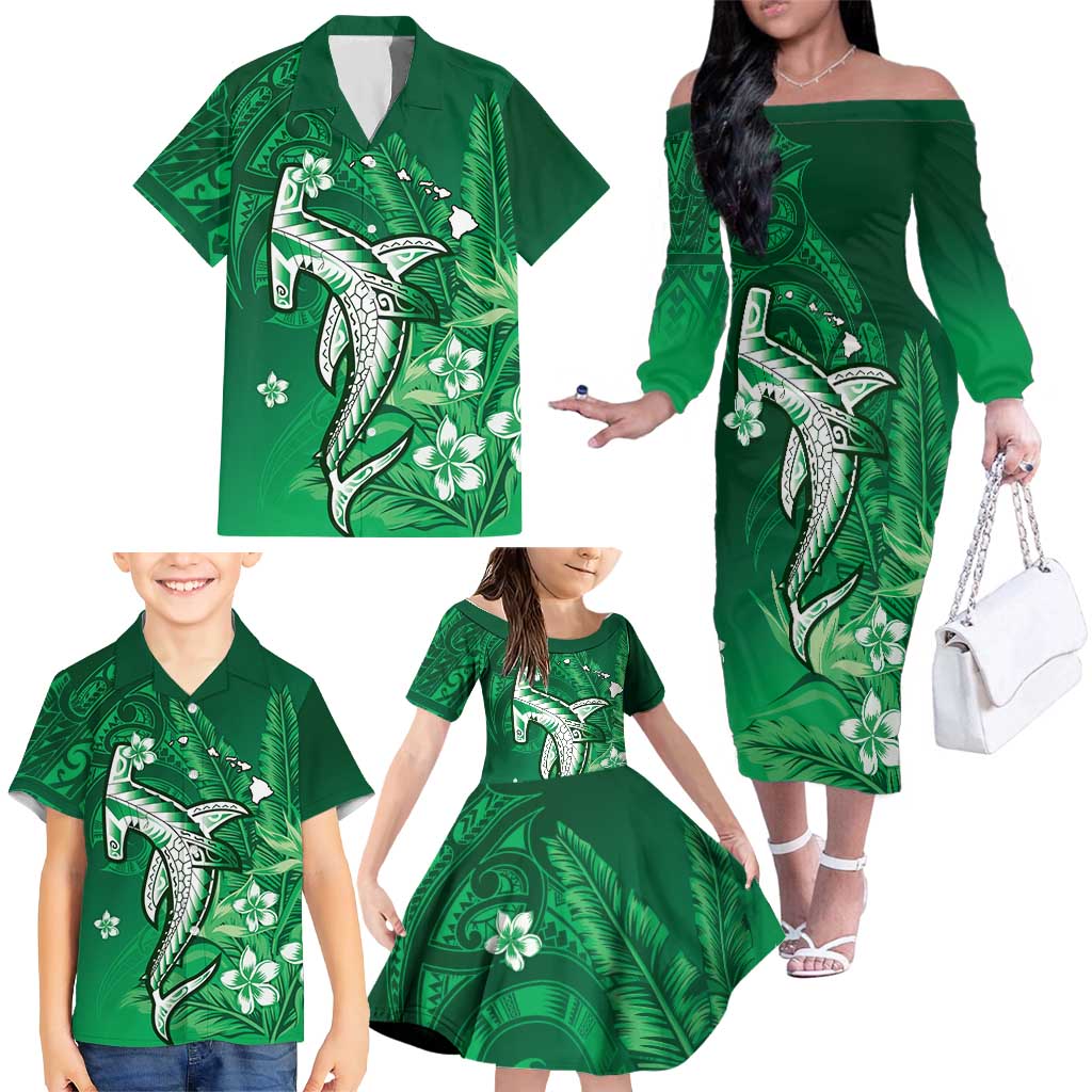 Personalized Hawaiian Maori Hammerhead Shark Family Matching Off The Shoulder Long Sleeve Dress and Hawaiian Shirt Omaomao Plumeria - Polynesian Pride
