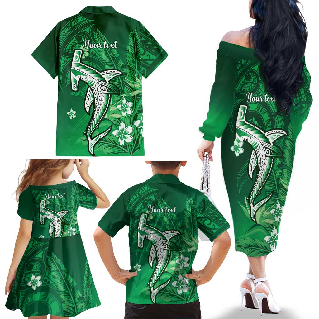 Personalized Hawaiian Maori Hammerhead Shark Family Matching Off The Shoulder Long Sleeve Dress and Hawaiian Shirt Omaomao Plumeria - Polynesian Pride