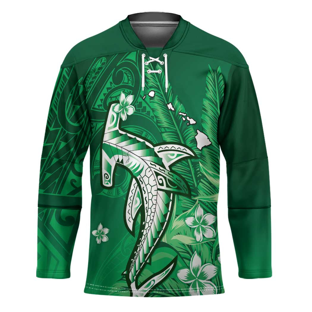 Personalized Hawaiian Maori Hammerhead Shark Hockey Jersey Omaomao Plumeria LT9 Unisex Green - Polynesian Pride