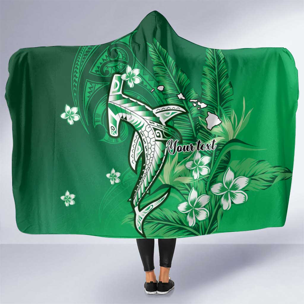Personalized Hawaiian Maori Hammerhead Shark Hooded Blanket Omaomao Plumeria LT9 One Size Green - Polynesian Pride