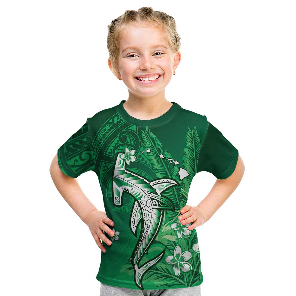 Personalized Hawaiian Maori Hammerhead Shark Kid T Shirt Omaomao Plumeria LT9 Green - Polynesian Pride