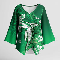 Personalized Hawaiian Maori Hammerhead Shark Kimono Sleeve Blouse Omaomao Plumeria LT9 Female Green - Polynesian Pride