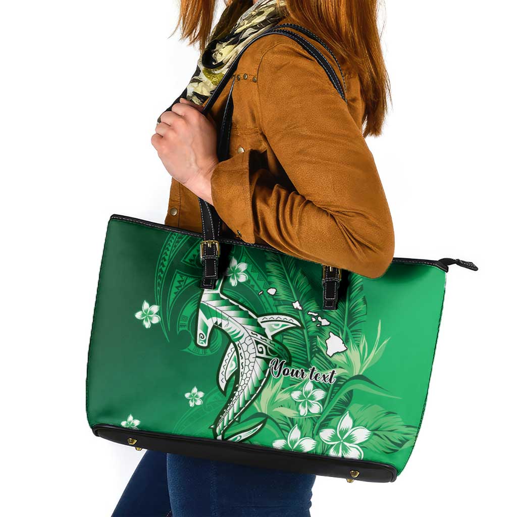 Personalized Hawaiian Maori Hammerhead Shark Leather Tote Bag Omaomao Plumeria LT9 Green - Polynesian Pride