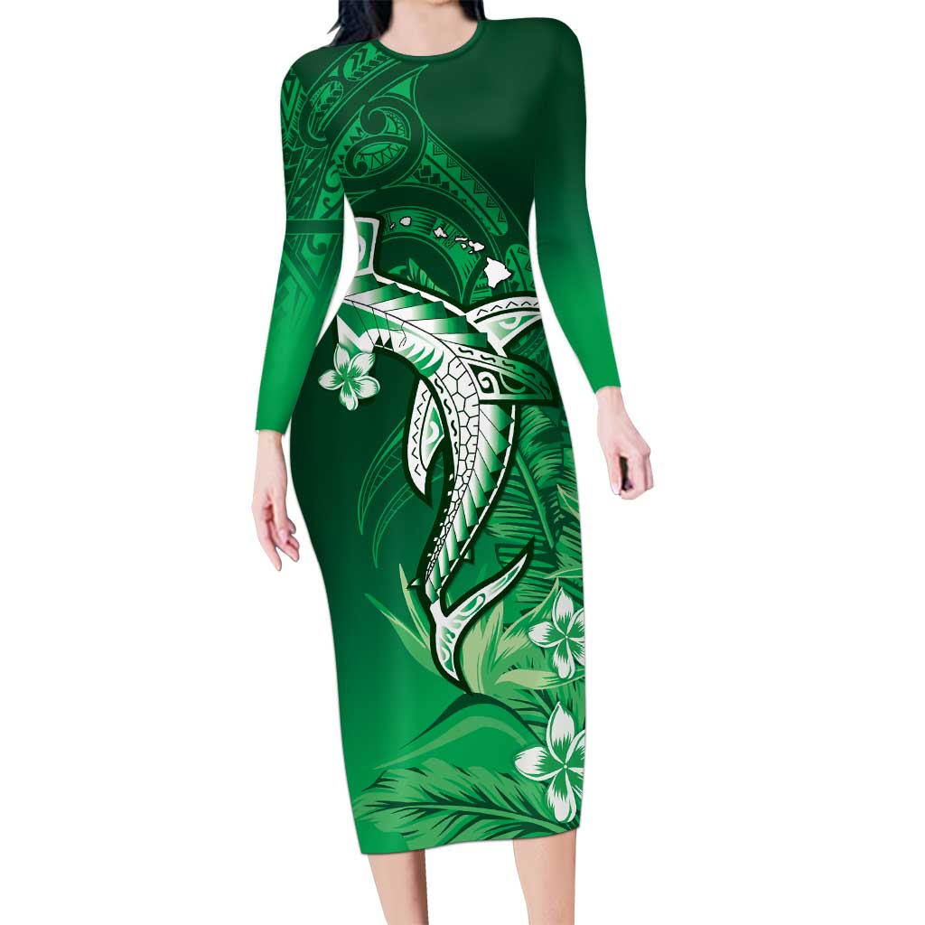 Personalized Hawaiian Maori Hammerhead Shark Long Sleeve Bodycon Dress Omaomao Plumeria LT9 Long Dress Green - Polynesian Pride