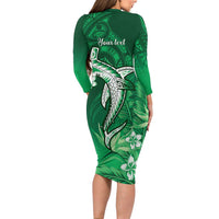 Personalized Hawaiian Maori Hammerhead Shark Long Sleeve Bodycon Dress Omaomao Plumeria LT9 - Polynesian Pride