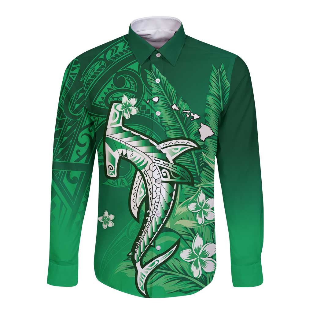 Personalized Hawaiian Maori Hammerhead Shark Long Sleeve Button Shirt Omaomao Plumeria LT9 Unisex Green - Polynesian Pride