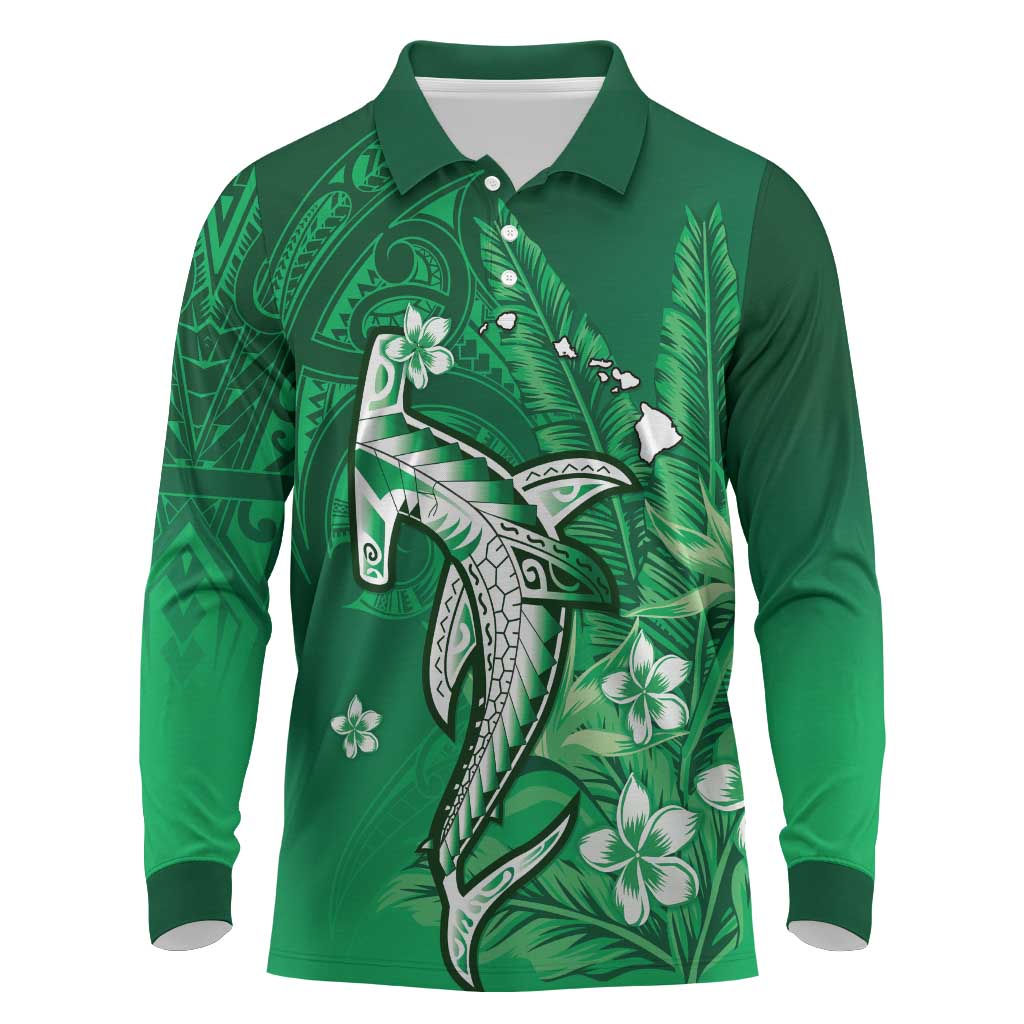 Personalized Hawaiian Maori Hammerhead Shark Long Sleeve Polo Shirt Omaomao Plumeria LT9 Green - Polynesian Pride