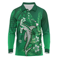 Personalized Hawaiian Maori Hammerhead Shark Long Sleeve Polo Shirt Omaomao Plumeria LT9 Green - Polynesian Pride