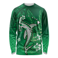 Personalized Hawaiian Maori Hammerhead Shark Long Sleeve Shirt Omaomao Plumeria LT9 Unisex Green - Polynesian Pride