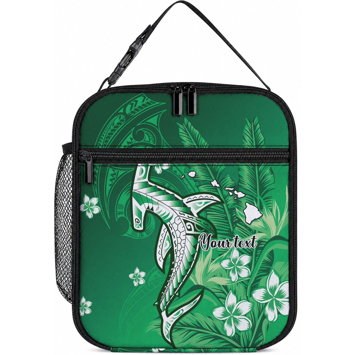 Personalized Hawaiian Maori Hammerhead Shark Lunch Bag Omaomao Plumeria LT9 10.2 × 8.3 × 4.3 inch Green - Polynesian Pride