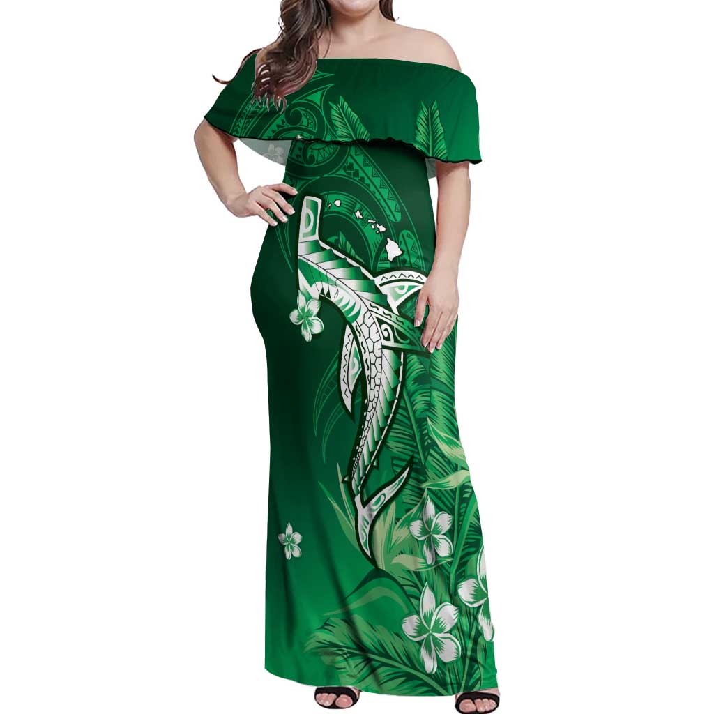 Personalized Hawaiian Maori Hammerhead Shark Off Shoulder Maxi Dress Omaomao Plumeria LT9 Women Green - Polynesian Pride