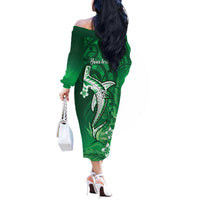 Personalized Hawaiian Maori Hammerhead Shark Off The Shoulder Long Sleeve Dress Omaomao Plumeria LT9 - Polynesian Pride