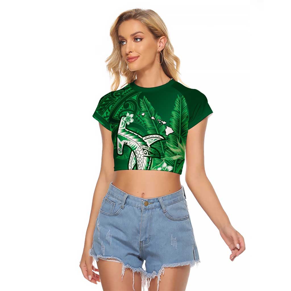 Personalized Hawaiian Maori Hammerhead Shark Raglan Cropped T Shirt Omaomao Plumeria LT9 Female Green - Polynesian Pride