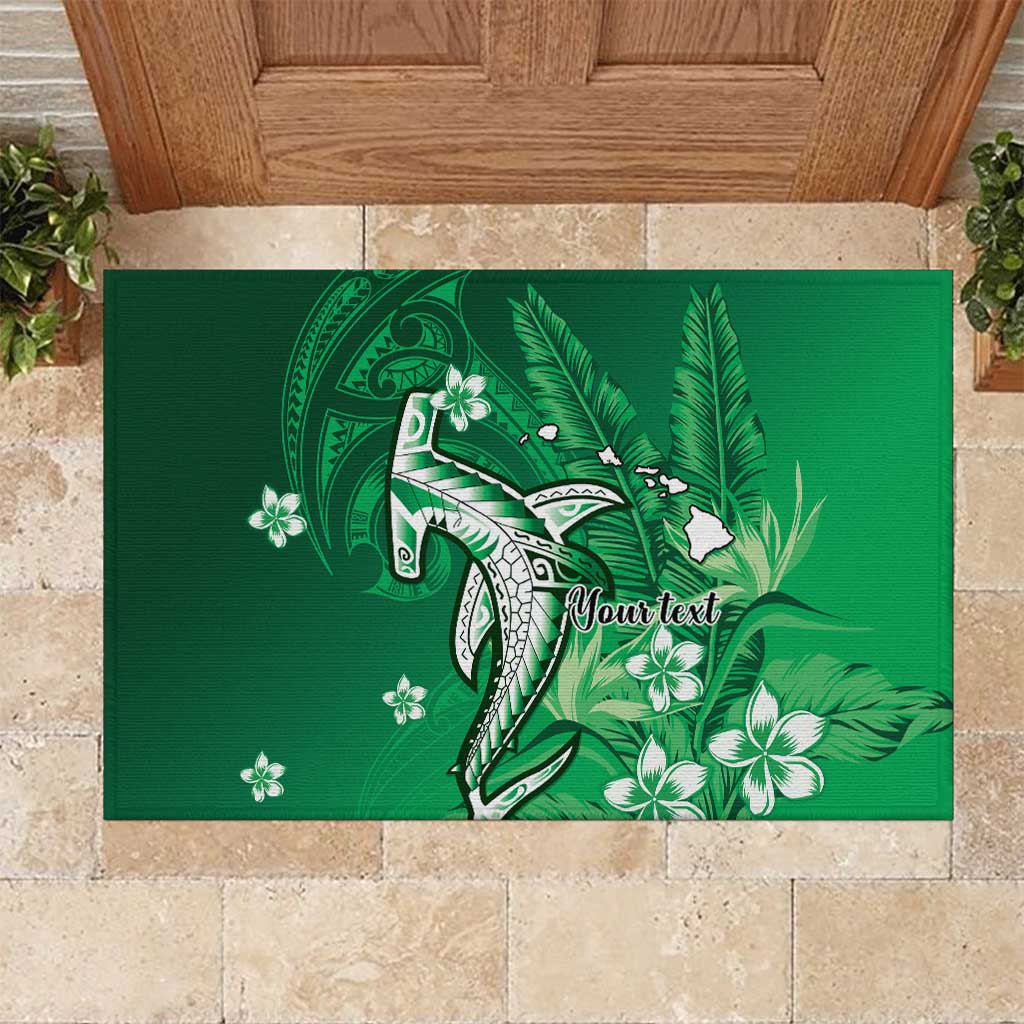 Personalized Hawaiian Maori Hammerhead Shark Rubber Doormat Omaomao Plumeria LT9 Green - Polynesian Pride