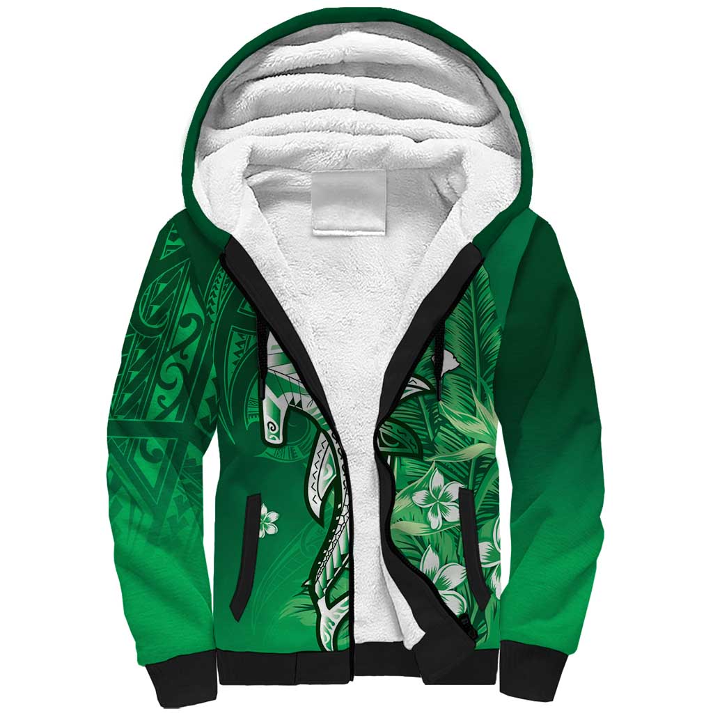Personalized Hawaiian Maori Hammerhead Shark Sherpa Hoodie Omaomao Plumeria LT9 Unisex Green - Polynesian Pride