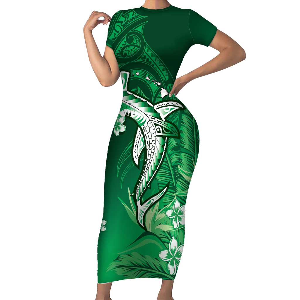 Personalized Hawaiian Maori Hammerhead Shark Short Sleeve Bodycon Dress Omaomao Plumeria LT9 Long Dress Green - Polynesian Pride