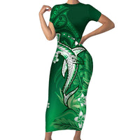 Personalized Hawaiian Maori Hammerhead Shark Short Sleeve Bodycon Dress Omaomao Plumeria - Polynesian Pride