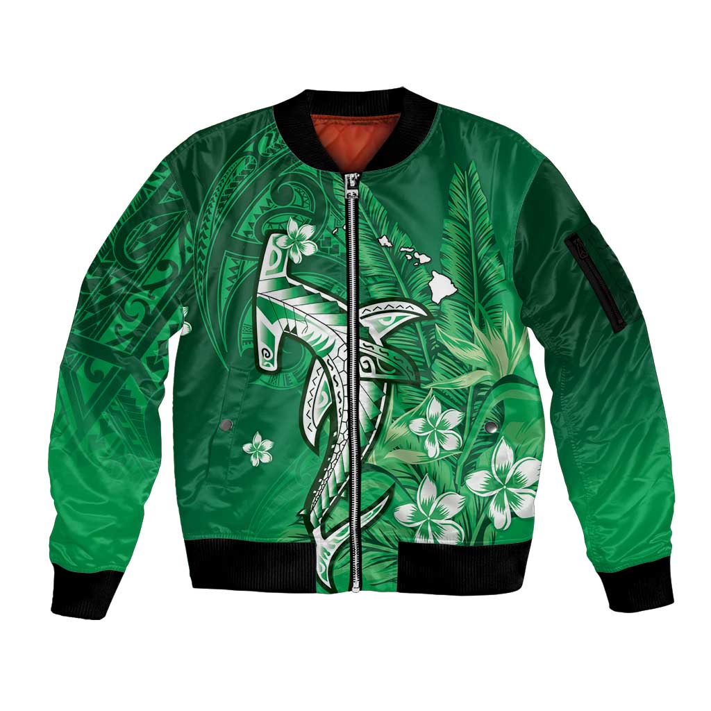 Personalized Hawaiian Maori Hammerhead Shark Sleeve Zip Bomber Jacket Omaomao Plumeria LT9 Unisex Green - Polynesian Pride