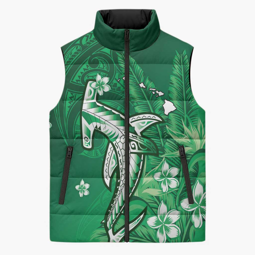 Personalized Hawaiian Maori Hammerhead Shark Sleeveless Puffer Jacket Omaomao Plumeria LT9 Unisex Green - Polynesian Pride
