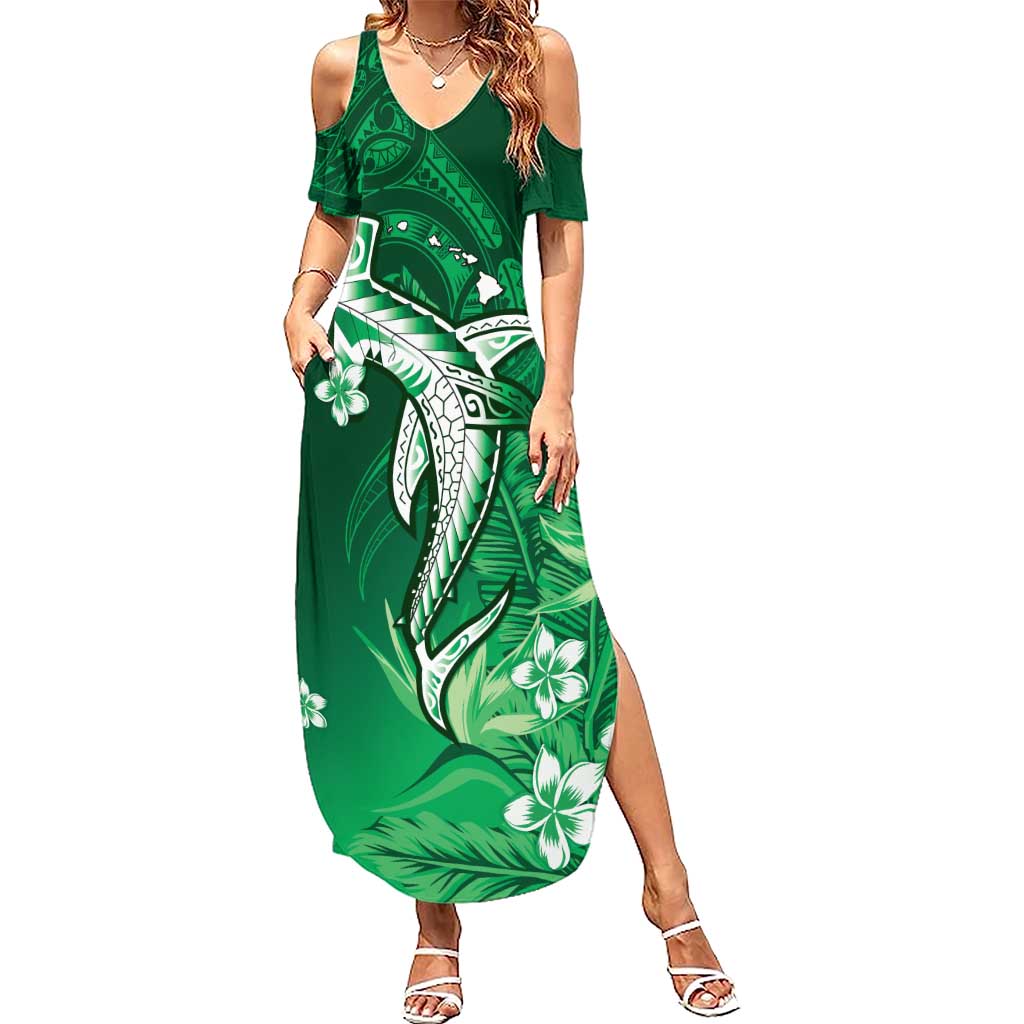 Personalized Hawaiian Maori Hammerhead Shark Summer Maxi Dress Omaomao Plumeria LT9 Women Green - Polynesian Pride