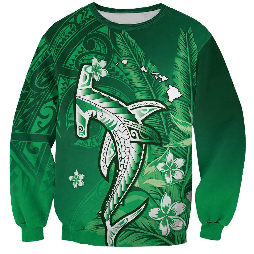 Personalized Hawaiian Maori Hammerhead Shark Sweatshirt Omaomao Plumeria LT9 Unisex Green - Polynesian Pride