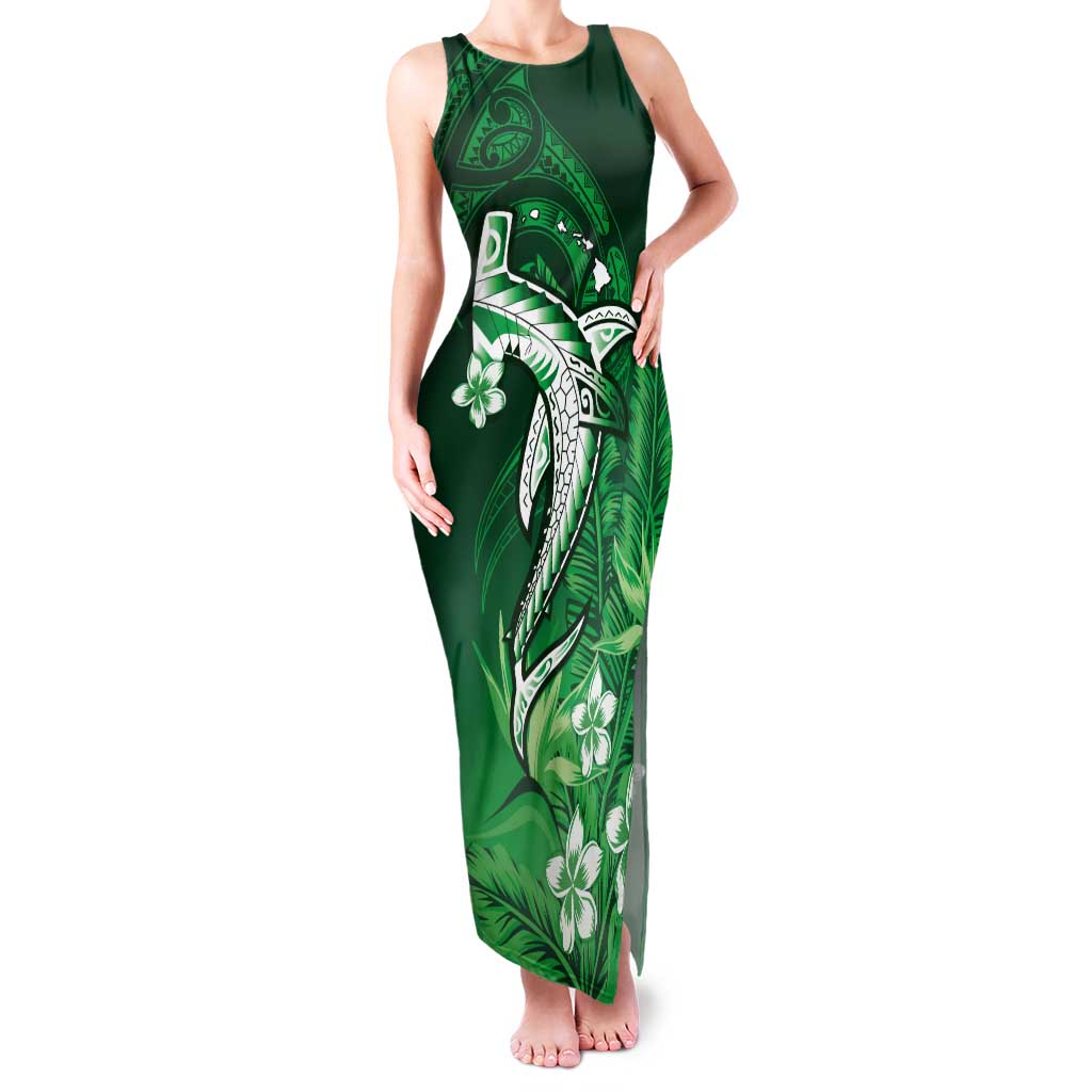 Personalized Hawaiian Maori Hammerhead Shark Tank Maxi Dress Omaomao Plumeria LT9 Women Green - Polynesian Pride