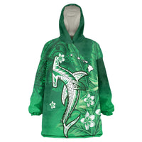 Personalized Hawaiian Maori Hammerhead Shark Wearable Blanket Hoodie Omaomao Plumeria LT9 One Size Green - Polynesian Pride