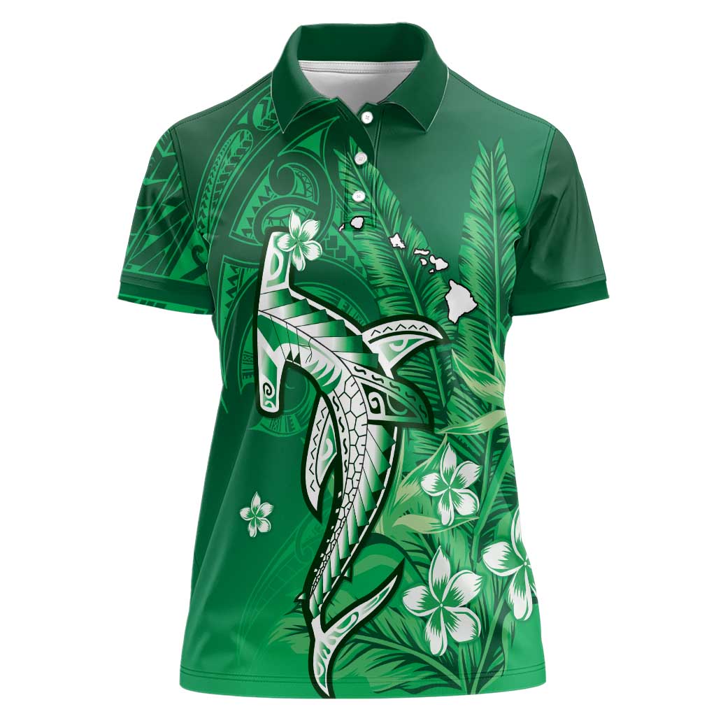 Personalized Hawaiian Maori Hammerhead Shark Women Polo Shirt Omaomao Plumeria LT9 Female Green - Polynesian Pride