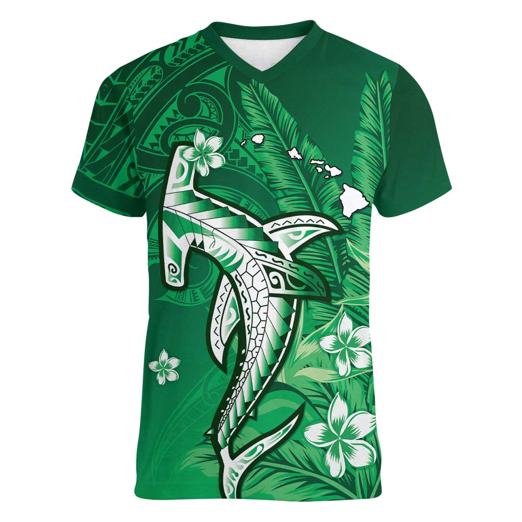Personalized Hawaiian Maori Hammerhead Shark Women V-Neck T-Shirt Omaomao Plumeria LT9 Female Green - Polynesian Pride
