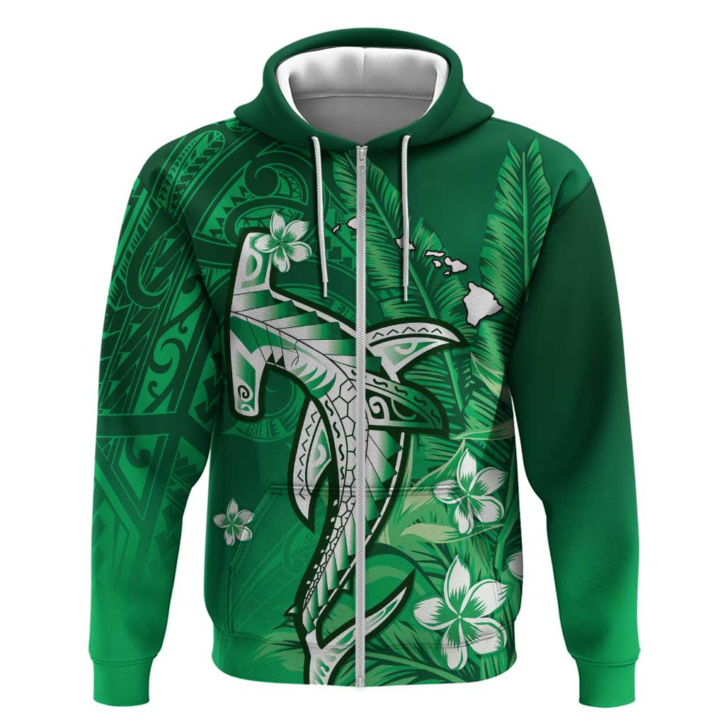 Personalized Hawaiian Maori Hammerhead Shark Zip Hoodie Omaomao Plumeria LT9 Zip Hoodie Green - Polynesian Pride