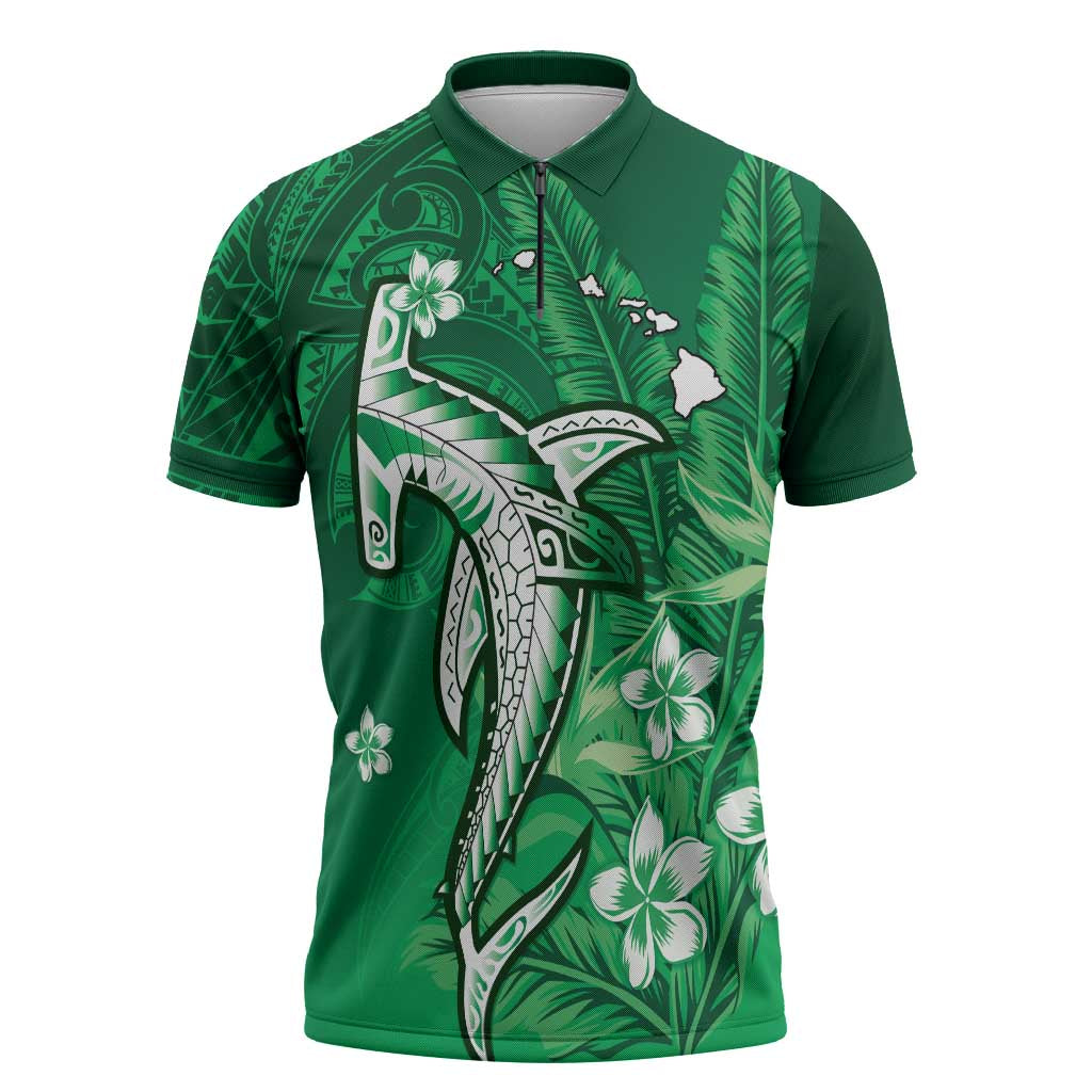 Personalized Hawaiian Maori Hammerhead Shark Zipper Polo Shirt Omaomao Plumeria LT9 Green - Polynesian Pride