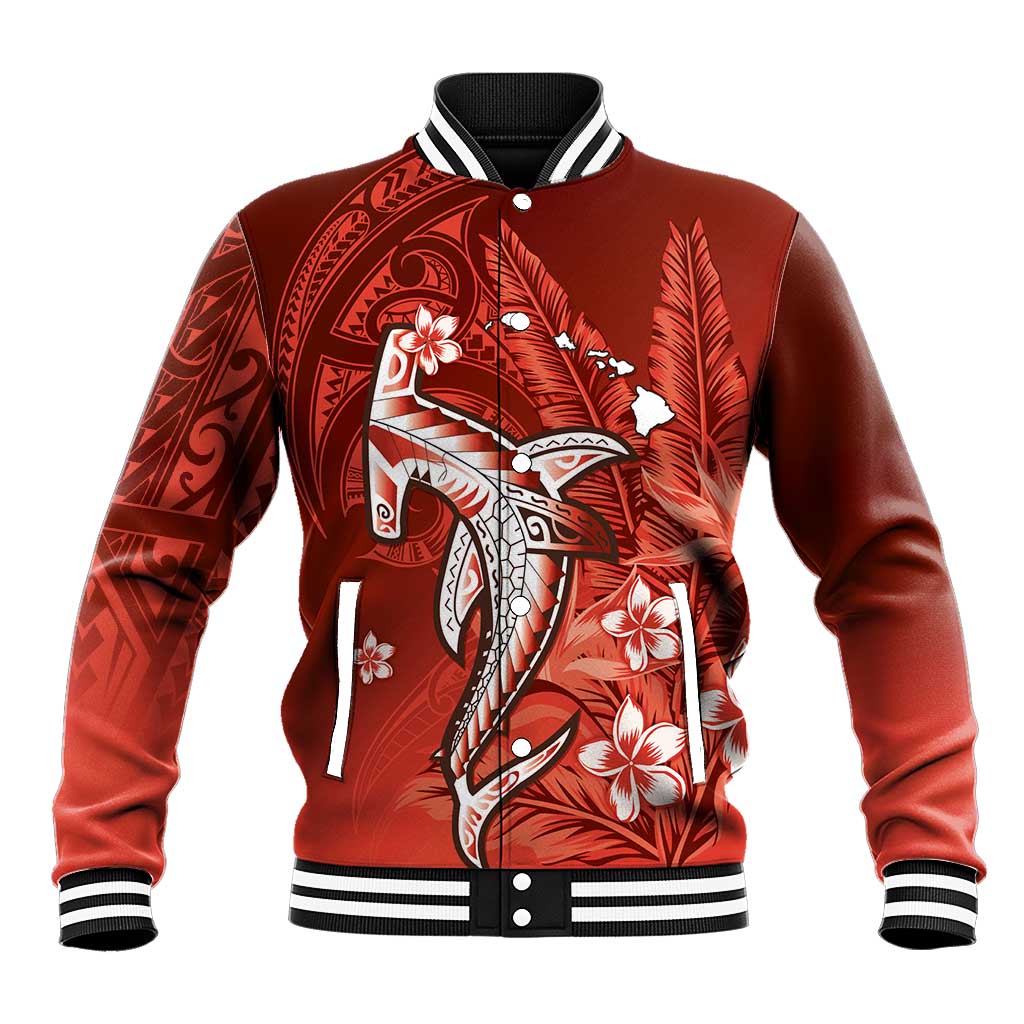Personalized Hawaiian Maori Hammerhead Shark Baseball Jacket Ulaula Plumeria LT9 Unisex Red - Polynesian Pride