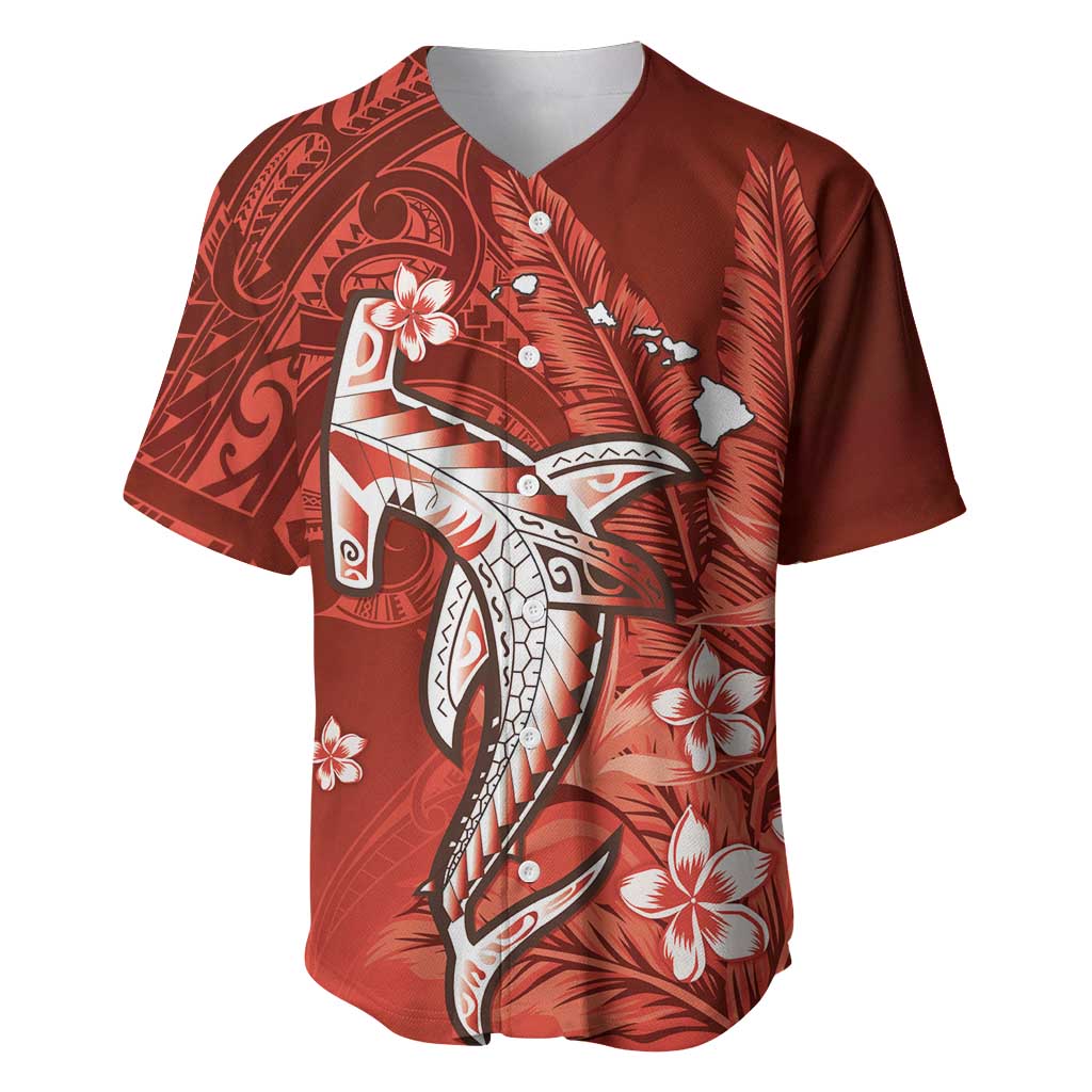 Personalized Hawaiian Maori Hammerhead Shark Baseball Jersey Ulaula Plumeria LT9 Red - Polynesian Pride