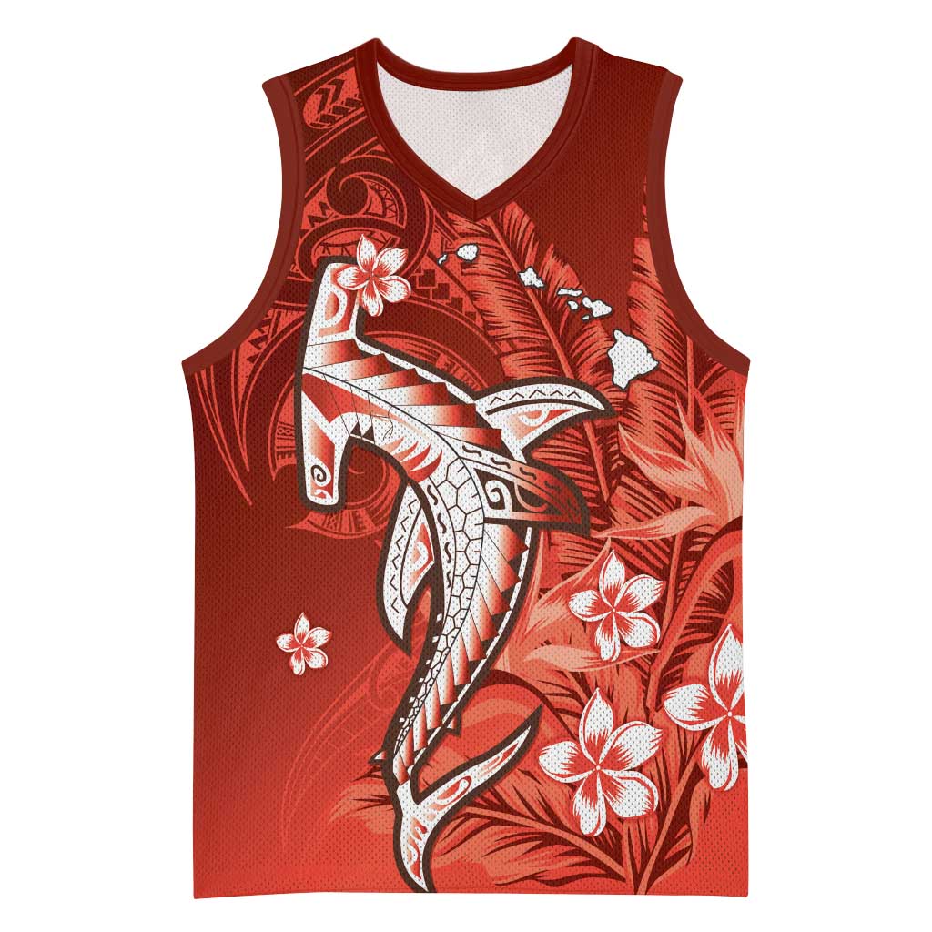 Personalized Hawaiian Maori Hammerhead Shark Basketball Jersey Ulaula Plumeria LT9 Unisex Red - Polynesian Pride