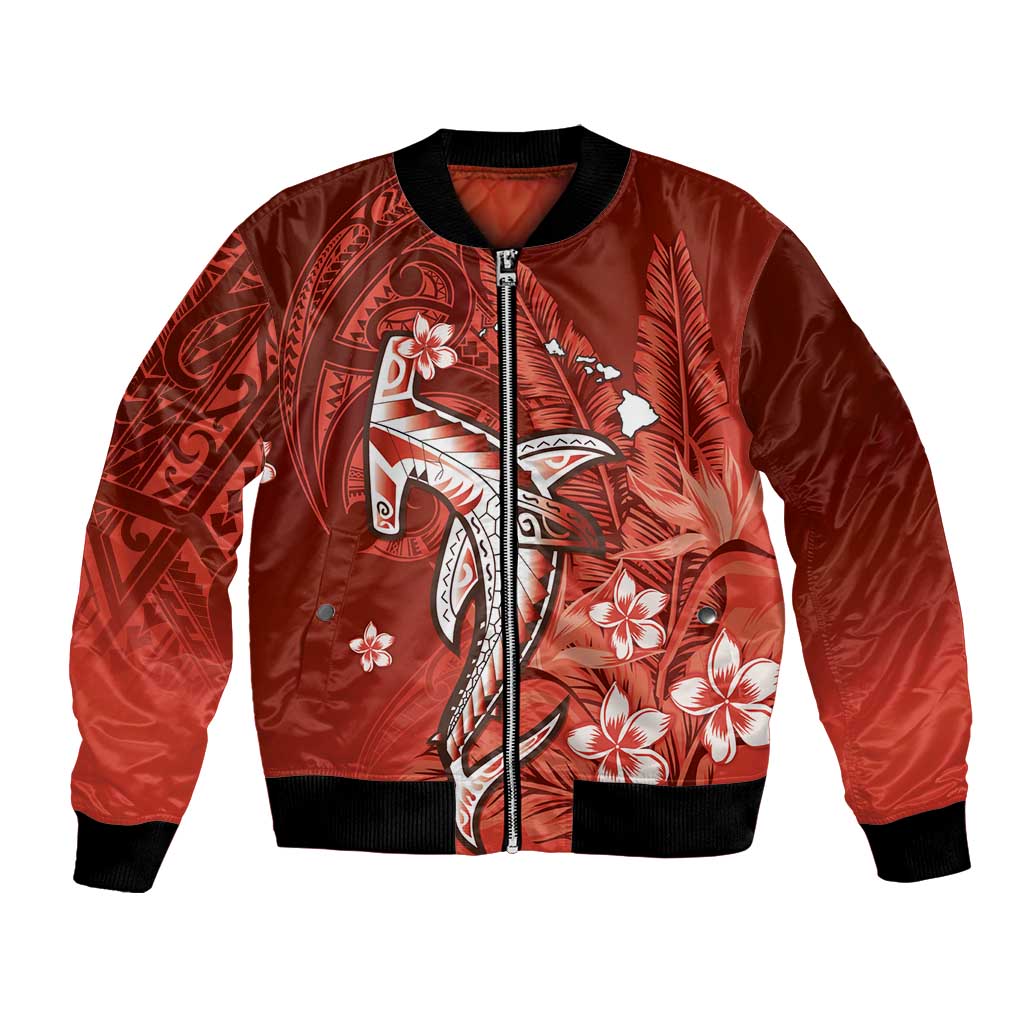 Personalized Hawaiian Maori Hammerhead Shark Bomber Jacket Ulaula Plumeria LT9 Unisex Red - Polynesian Pride