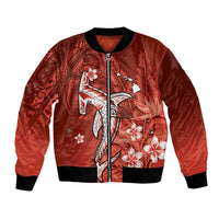 Personalized Hawaiian Maori Hammerhead Shark Bomber Jacket Ulaula Plumeria LT9 Unisex Red - Polynesian Pride