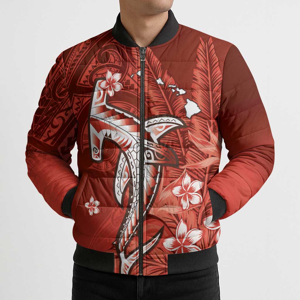 Personalized Hawaiian Maori Hammerhead Shark Bomber Puffer Jacket Ulaula Plumeria LT9 - Polynesian Pride
