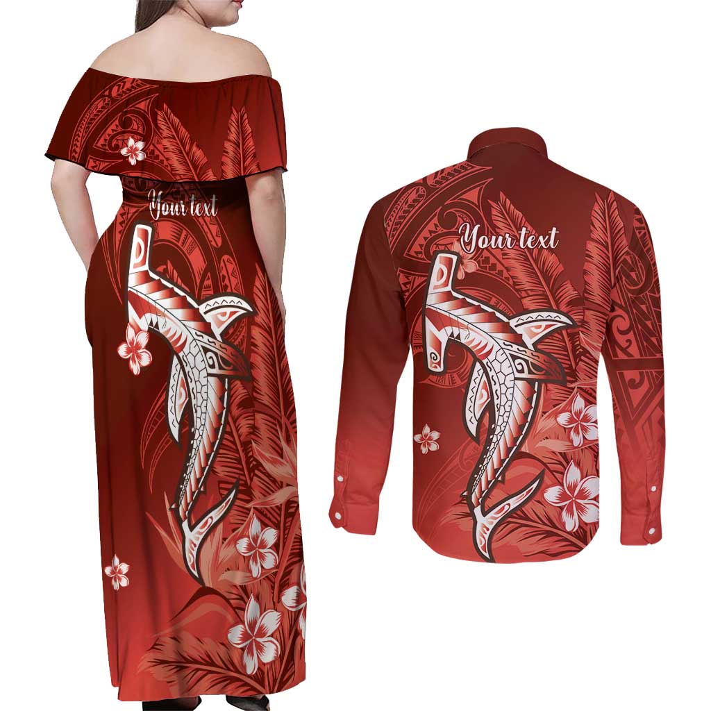 Personalized Hawaiian Maori Hammerhead Shark Couples Matching Off Shoulder Maxi Dress and Long Sleeve Button Shirt Ulaula Plumeria - Polynesian Pride