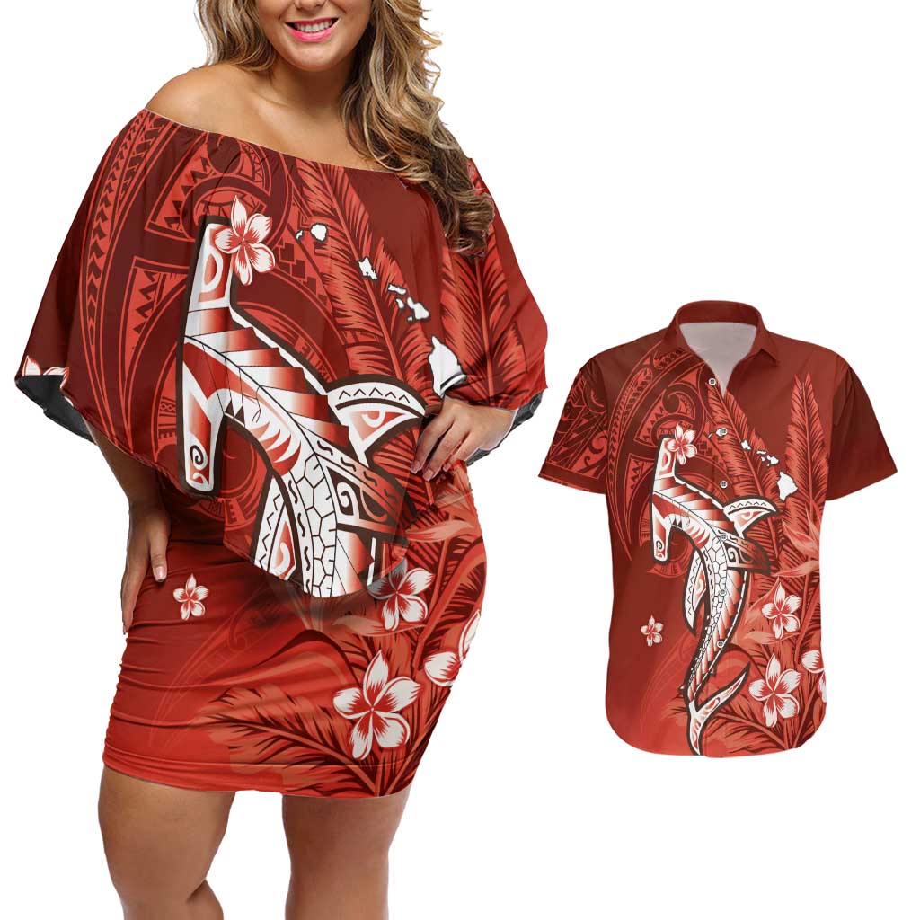 Personalized Hawaiian Maori Hammerhead Shark Couples Matching Off Shoulder Short Dress and Hawaiian Shirt Ulaula Plumeria - Polynesian Pride