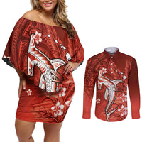 Personalized Hawaiian Maori Hammerhead Shark Couples Matching Off Shoulder Short Dress and Long Sleeve Button Shirt Ulaula Plumeria - Polynesian Pride