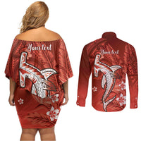 Personalized Hawaiian Maori Hammerhead Shark Couples Matching Off Shoulder Short Dress and Long Sleeve Button Shirt Ulaula Plumeria - Polynesian Pride