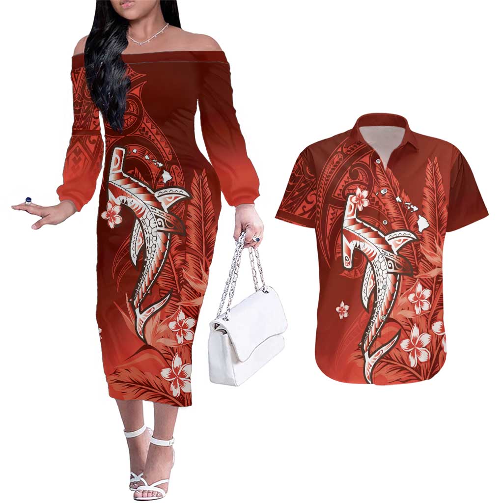 Personalized Hawaiian Maori Hammerhead Shark Couples Matching Off The Shoulder Long Sleeve Dress and Hawaiian Shirt Ulaula Plumeria - Polynesian Pride
