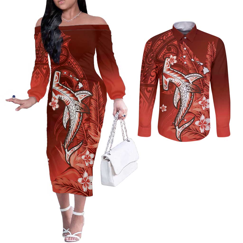 Personalized Hawaiian Maori Hammerhead Shark Couples Matching Off The Shoulder Long Sleeve Dress and Long Sleeve Button Shirt Ulaula Plumeria - Polynesian Pride