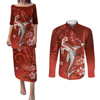 Personalized Hawaiian Maori Hammerhead Shark Couples Matching Puletasi and Long Sleeve Button Shirt Ulaula Plumeria LT9 Red - Polynesian Pride