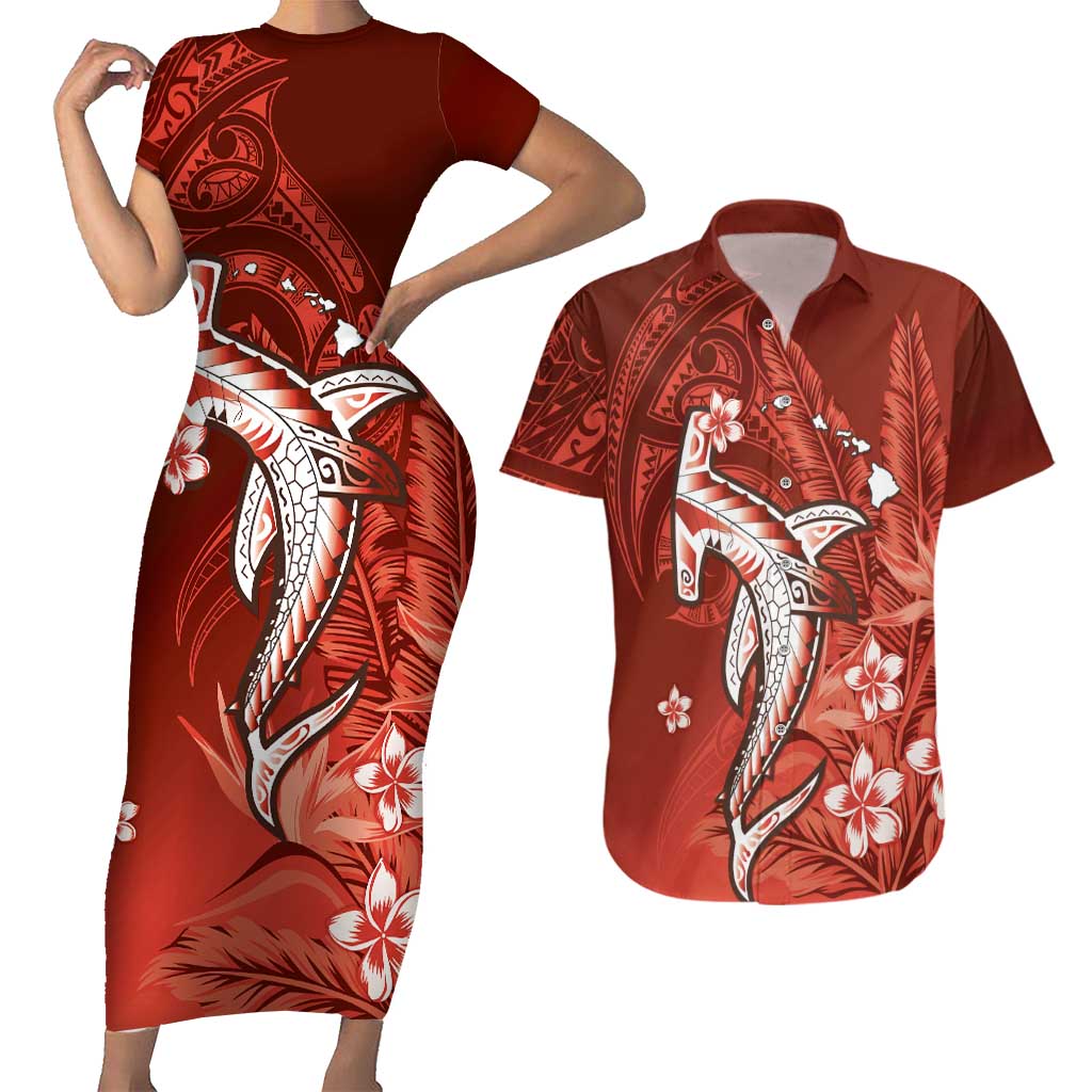 Personalized Hawaiian Maori Hammerhead Shark Couples Matching Short Sleeve Bodycon Dress and Hawaiian Shirt Ulaula Plumeria - Polynesian Pride