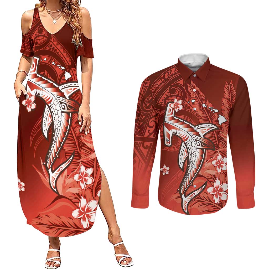 Personalized Hawaiian Maori Hammerhead Shark Couples Matching Summer Maxi Dress and Long Sleeve Button Shirt Ulaula Plumeria - Polynesian Pride